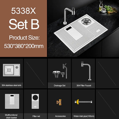 ASRAS Handmade Brushed Kitchen Sink - 304 Stainless Steel, 4mm Thickness, High Pressure Cup Washer for Bar Counter