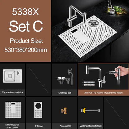 ASRAS Handmade Brushed Kitchen Sink - 304 Stainless Steel, 4mm Thickness, High Pressure Cup Washer for Bar Counter