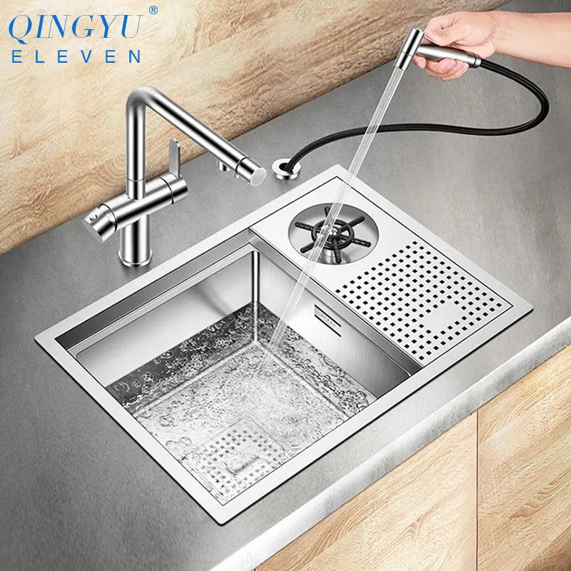 ASRAS Handmade Brushed Kitchen Sink - 304 Stainless Steel, 4mm Thickness, High Pressure Cup Washer for Bar Counter